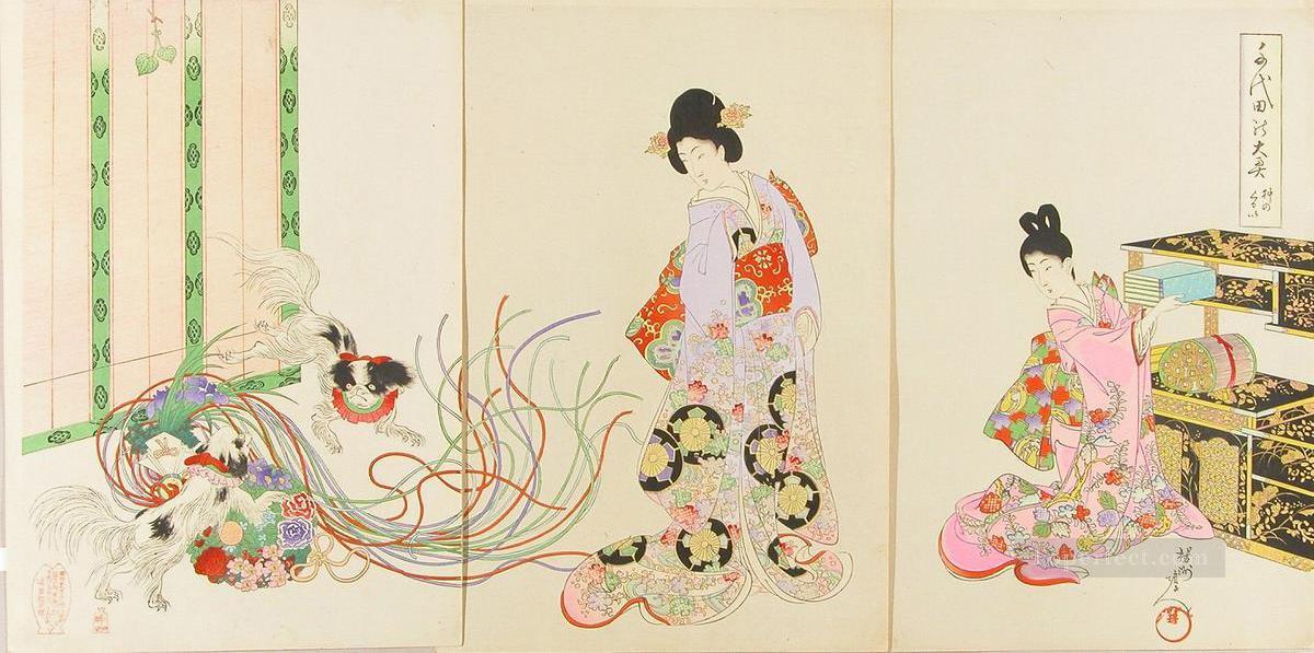 perros emocionados inu no kurui 1896 Toyohara Chikanobu bijin okubi e Pintura al óleo